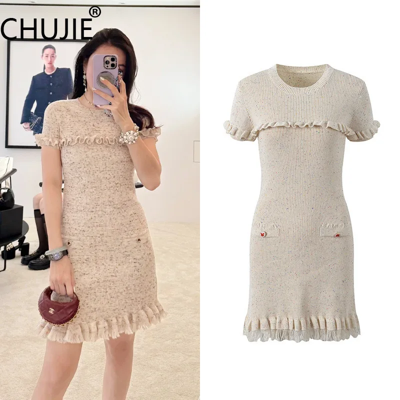 

CHUJIE 2025 Summer French Style Knit Dress - Polka Dot Round Neck Short Sleeve Dress with Ruffle Detail
