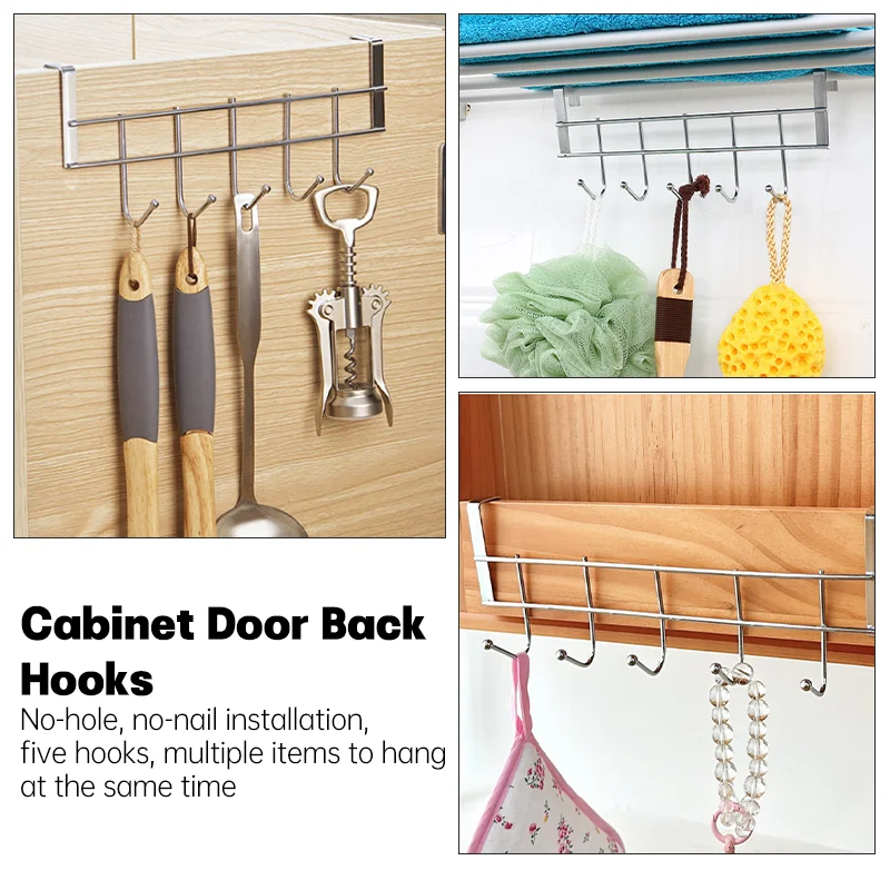 1/2pcs Stainless Steel 5-Hook Cabinet Hooks Rust-Resistant Storage Rack for Behind Doors Kitchens Cabinets and Bathrooms