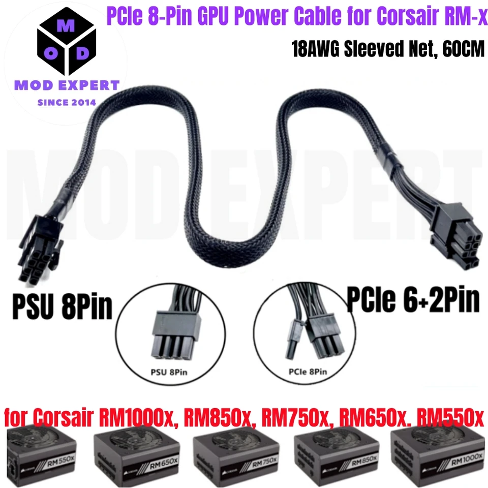 PCIe 8Pin 60cm 18AWG Sleeved Cable for Corsair RM Series