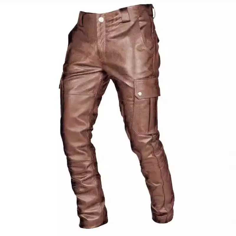 

New 2024 Men's Casual Pure Color PU Leather Pants Belted Loose Straight Leg mid Waist Trousers Streetwear Sle Baby Boys