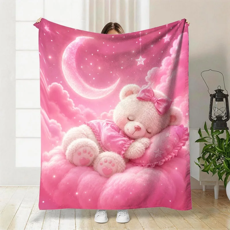 Dreamy Pink Moon and Teddy Bear Throw Blanket Nursery Decor Stars Celestial Plush Polyester Lap Blanket Cozy Gift for Baby Girl