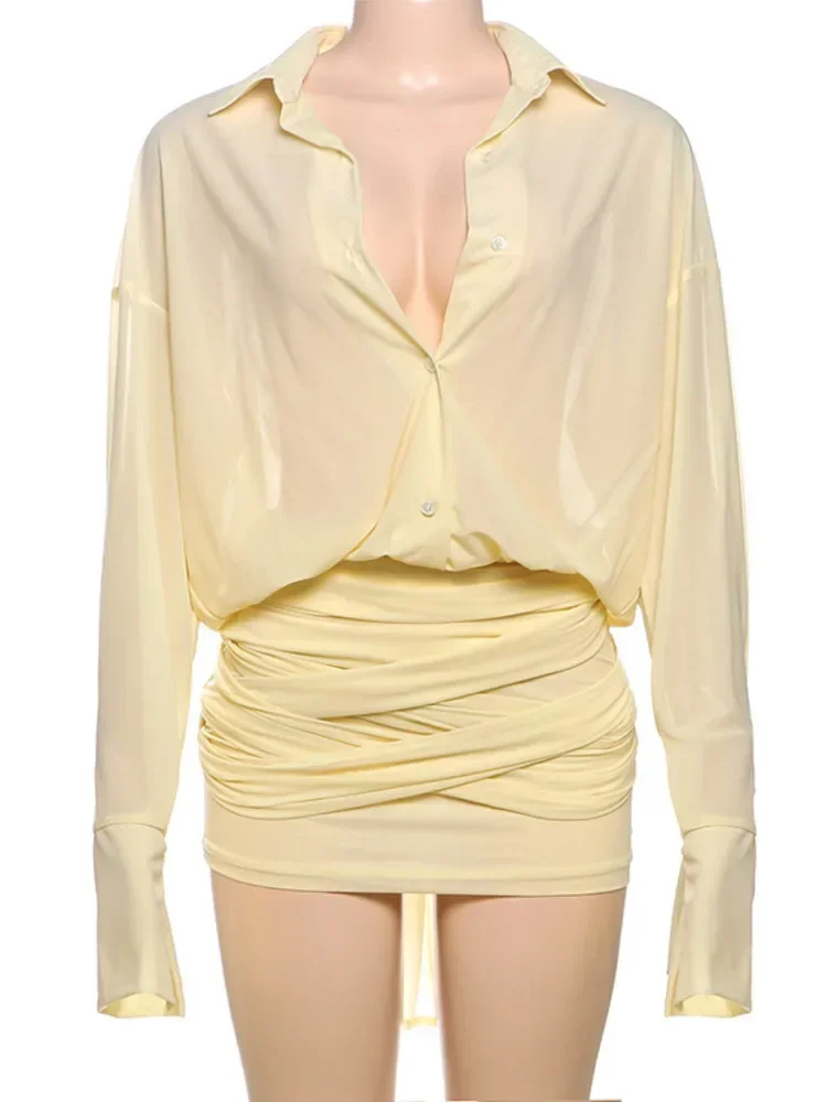 Robe chemise Sexy à manches longues pour femmes, sac à col rabattu, bretelles aux hanches, transparente, Patchwork, taille haute, Streetwear