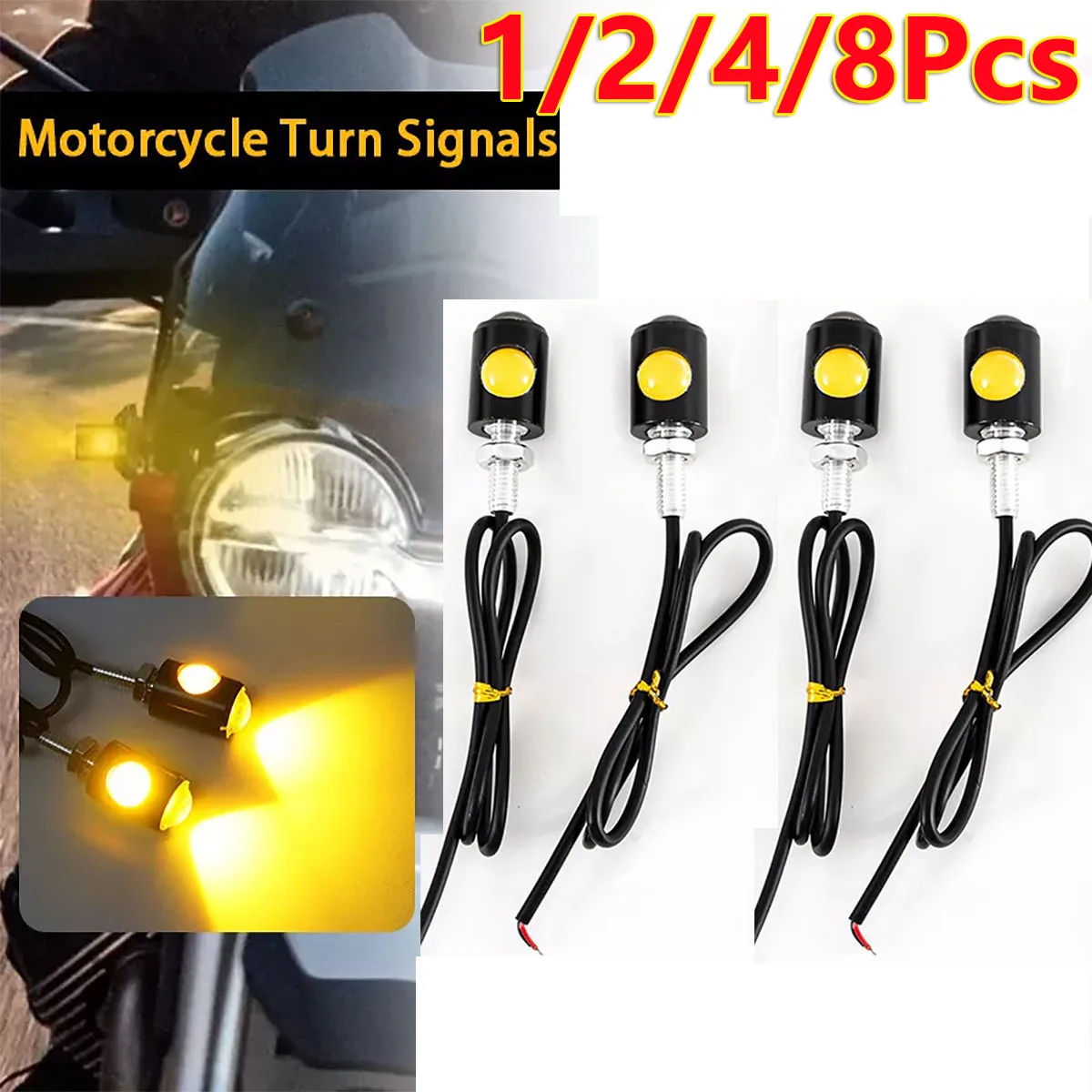 2/4/8Pcs Mini Motorcycle LED Turn Signals Light Indicator Amber Yellow Blinker Lamps Brake Lights Blinker Indicators Universal