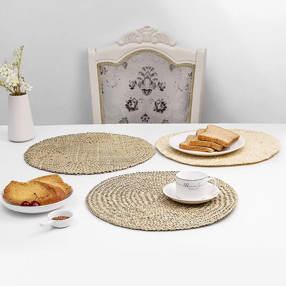 Round Woven Placemats for Dining Table, Wicker Straw, Heat Resistant Place Mats, Anti-Skidding Pad, Hand Woven Potholders