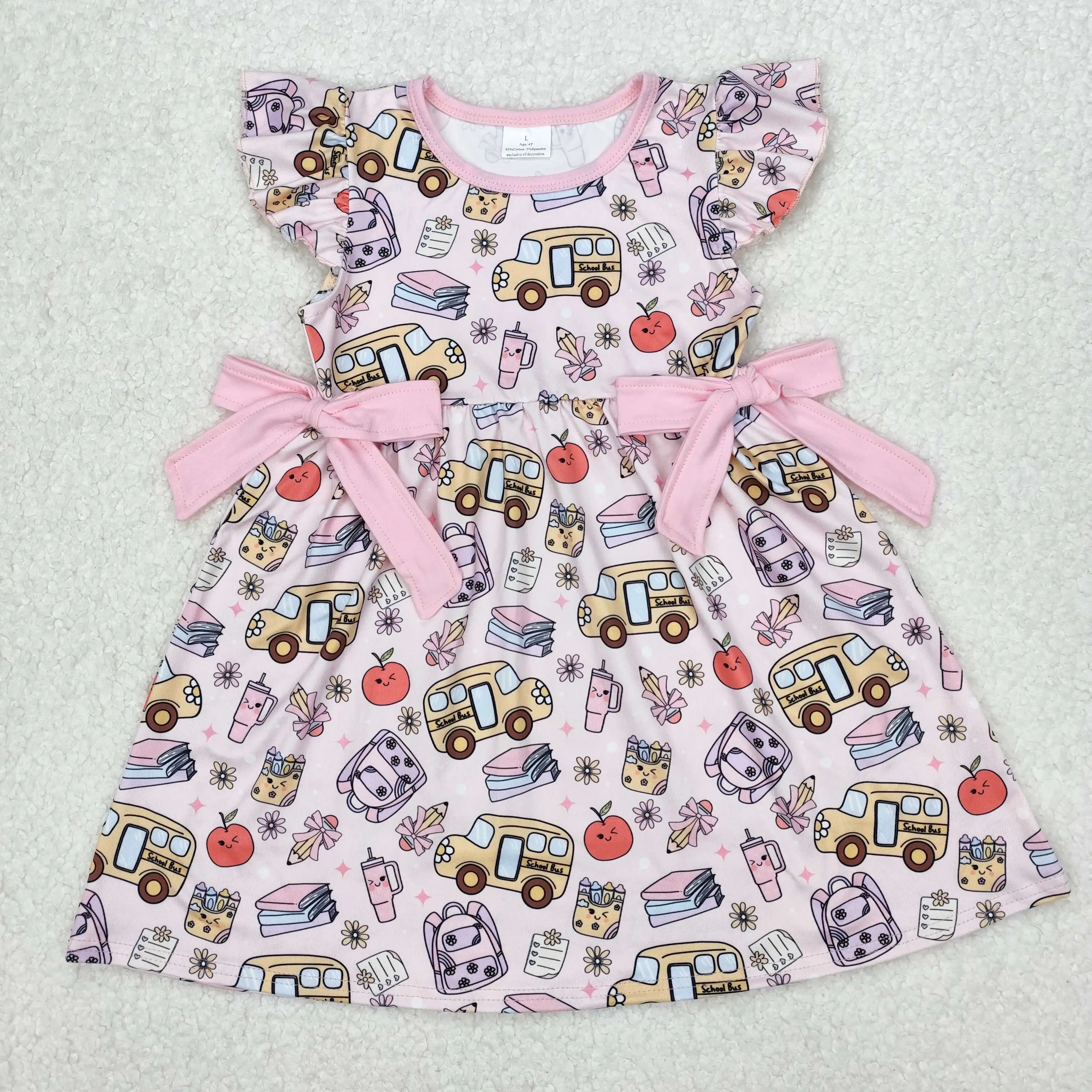 

3.10 y Wholesale boutique new stock infant girls summer dress school bus pencil apple pattern pink bow flying sleeve dress