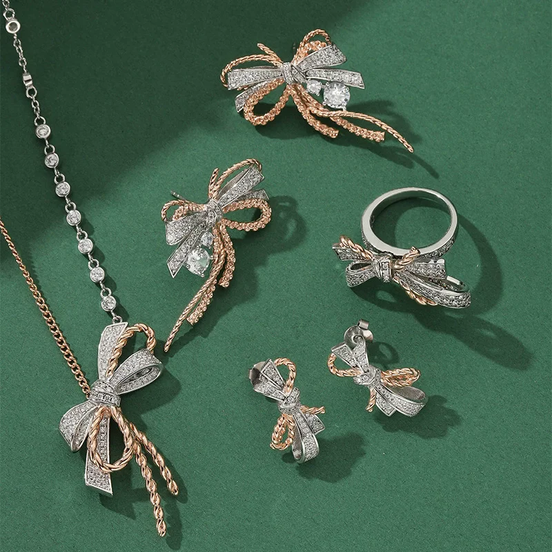 

Fashion Style Stud Ring Earrings Bracelet Necklace Women Lady Inlay Cubic Zircon Plated Two-color Bowknot Party Jewelry Sets