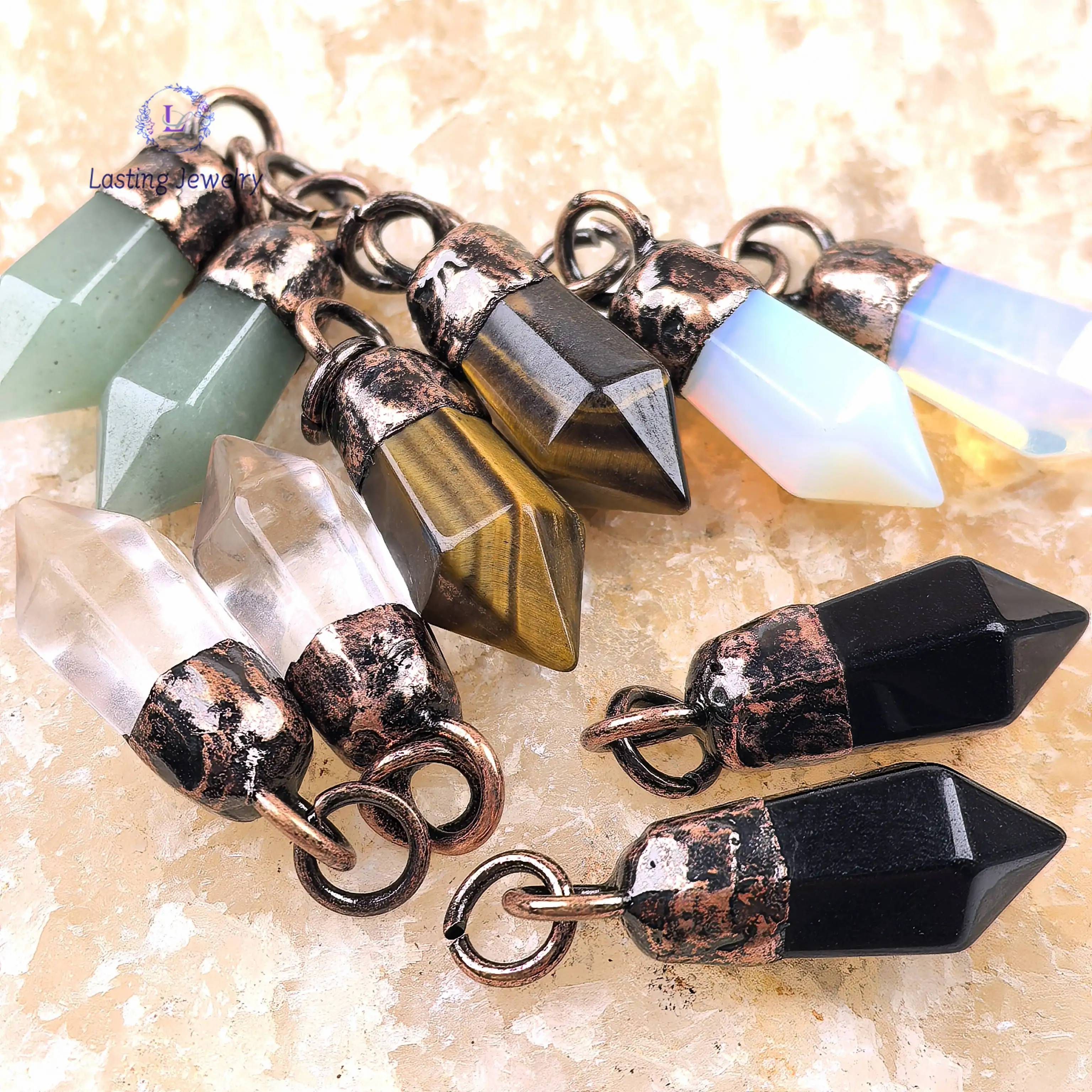 العتيقة النحاس سداسية نقطة الأحجار الكريمة المعلقات ، الريكي كريستال سبج عين النمر البندول المعلقات عقد بطرا عتيق لتقوم بها بنفسك مجوهرات