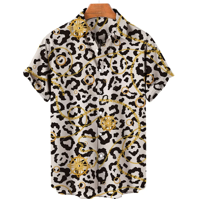 Heren Zomer Luxe 3d Printing Gouden Ketting Originele Bloemen Hawaiiaanse Shirts Casual Gothic Mode Middeleeuwse Slim Fit Kleding