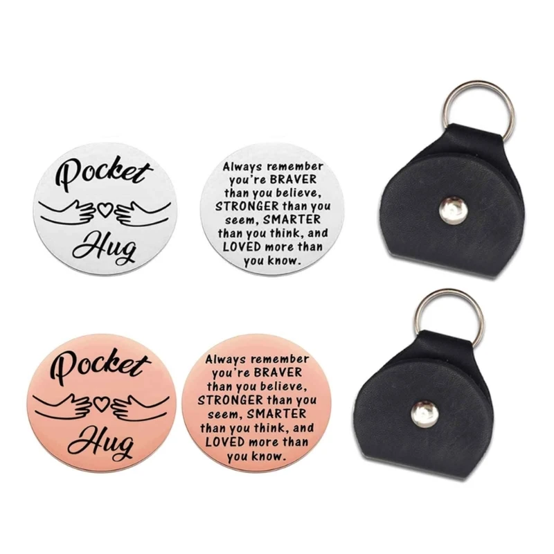 Pocket Hug  keychain Stainless Steel Double Sided Tokens with PU Leather Keychains Relationship Keepsake Gift Y08E