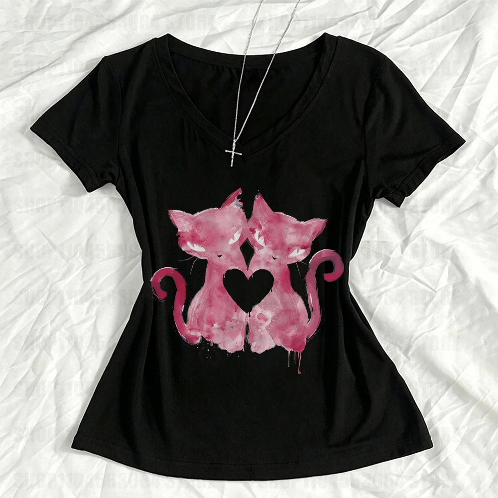 Aesthetic cartoon anime print Y2K clothes with exposed navel sexy streetwear retro women's short sleeved T-shirt pattern Emo gir