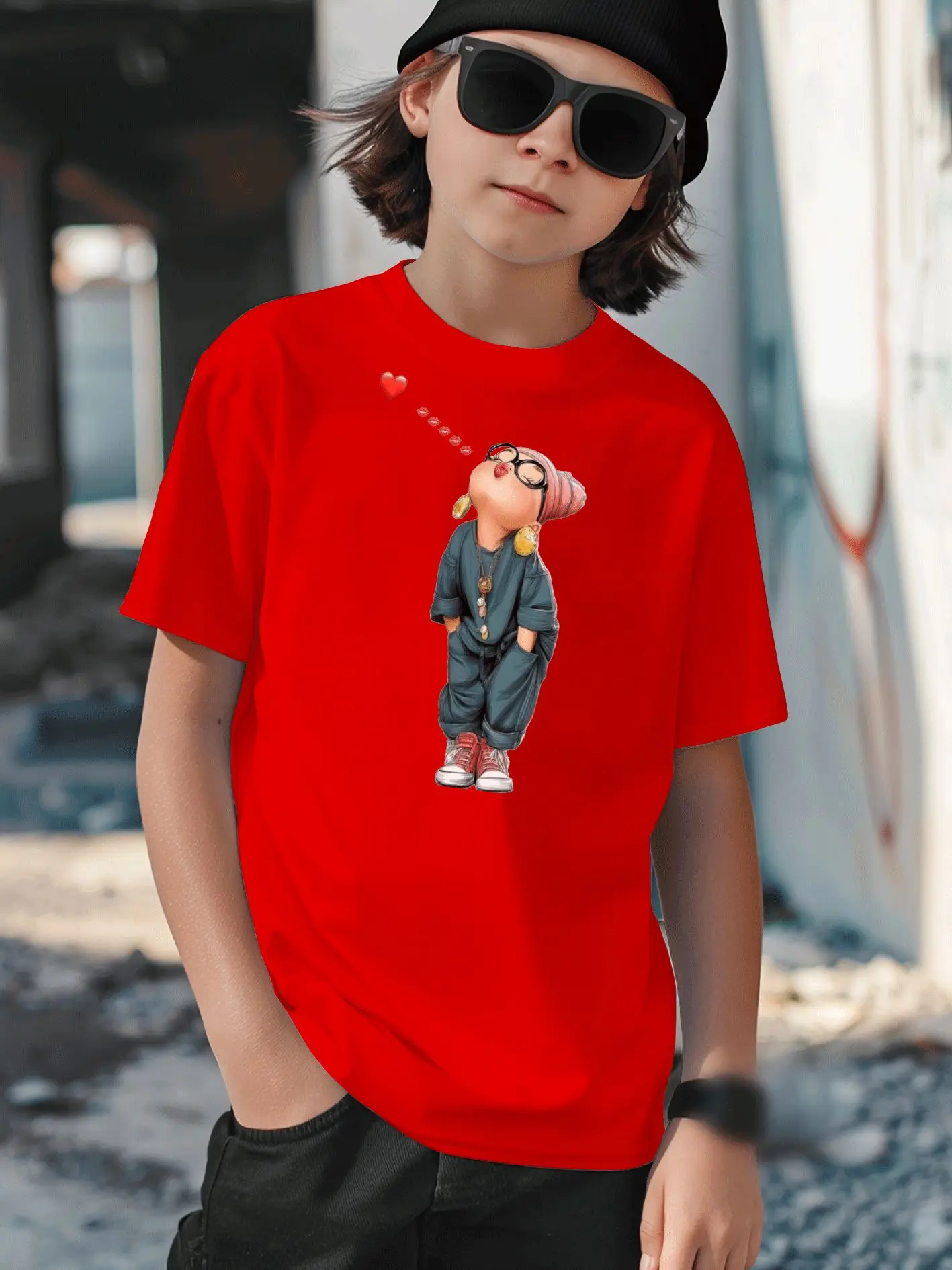 Children's Casual Black T-shirt Cartoon Grandma Flying Kiss Heart-shaped Pattern Parent-child Street Style Autumn Top