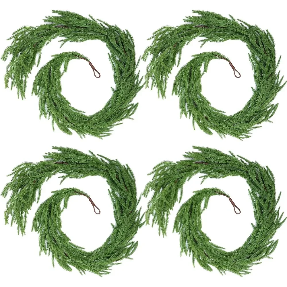 4 Pcs Artificial Norfolk Pine Garlands, Real Touch Winter Pine Garland, Green Artificial Greenery Garland for Table, Mantle