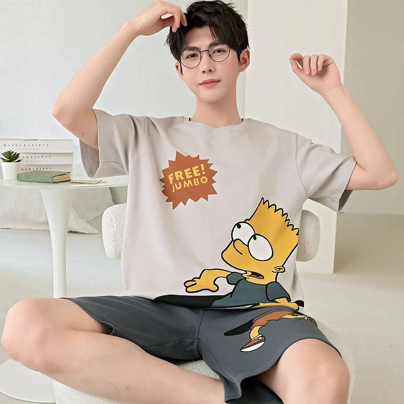 2024 Summer Men’s Sleepwear Cotton Cartoon Pajamas Sets For Man Short Loungewear Young Home Wear Fasion Student Pyjama Set Homme