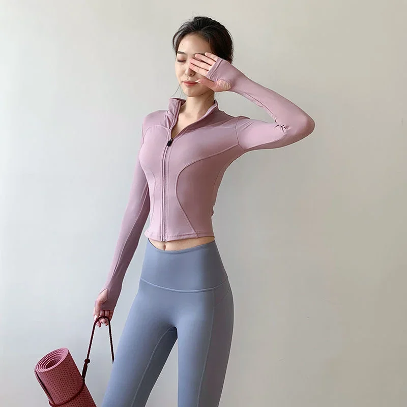 Yoga Crop Top High Elastic Sports Top Damski kardigan z długim rękawem i zamkiem błyskawicznym Rajstopy Yoga Jacket Top Deportivo Mujer Camisetas