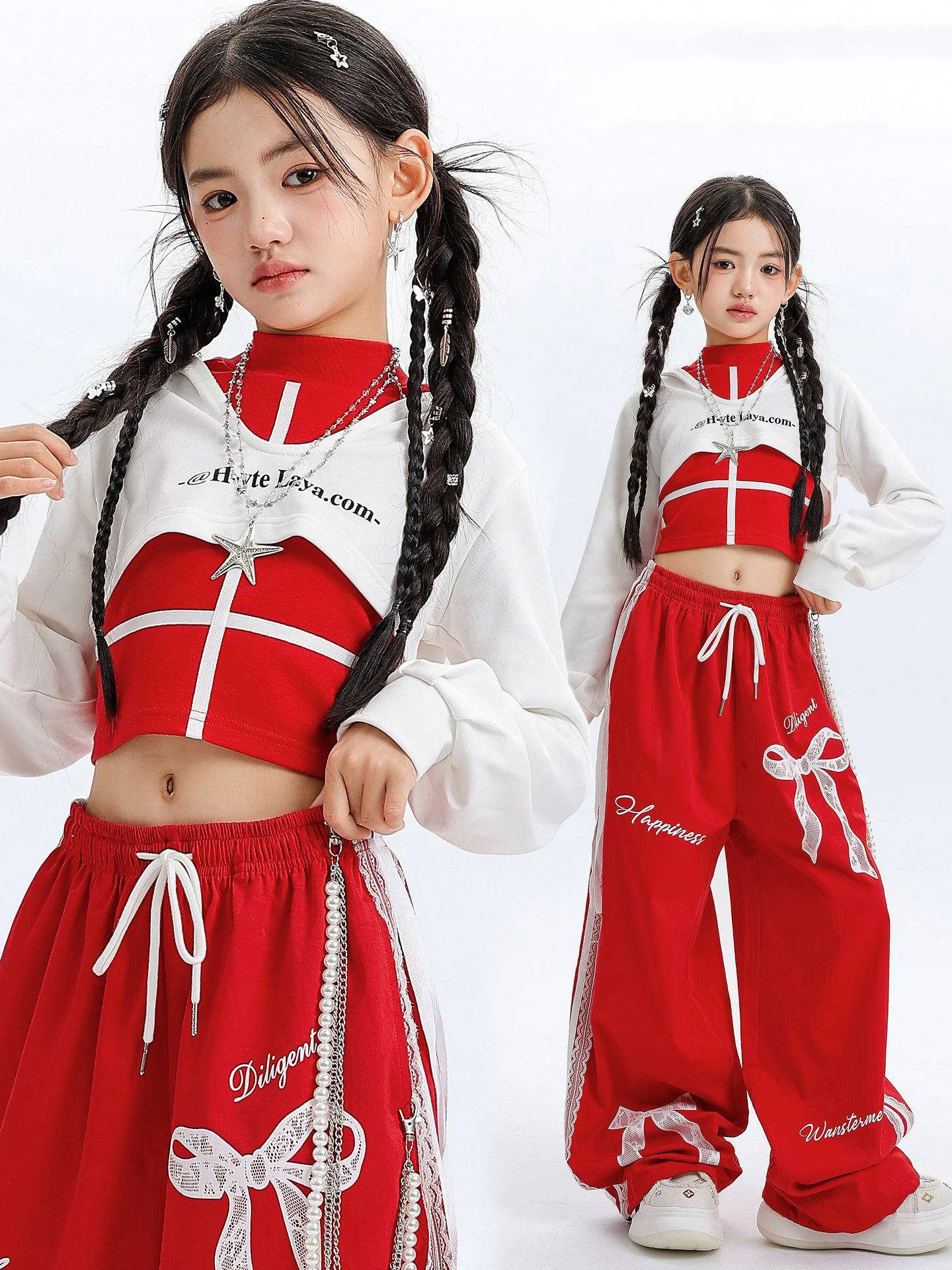

Детская одежда в стиле хип-хоп для девочек, красный жилет для джазовых танцев, брюки, белые топы, костюм для выступлений, современные сценические костюмы для K-pop танцев BL18535