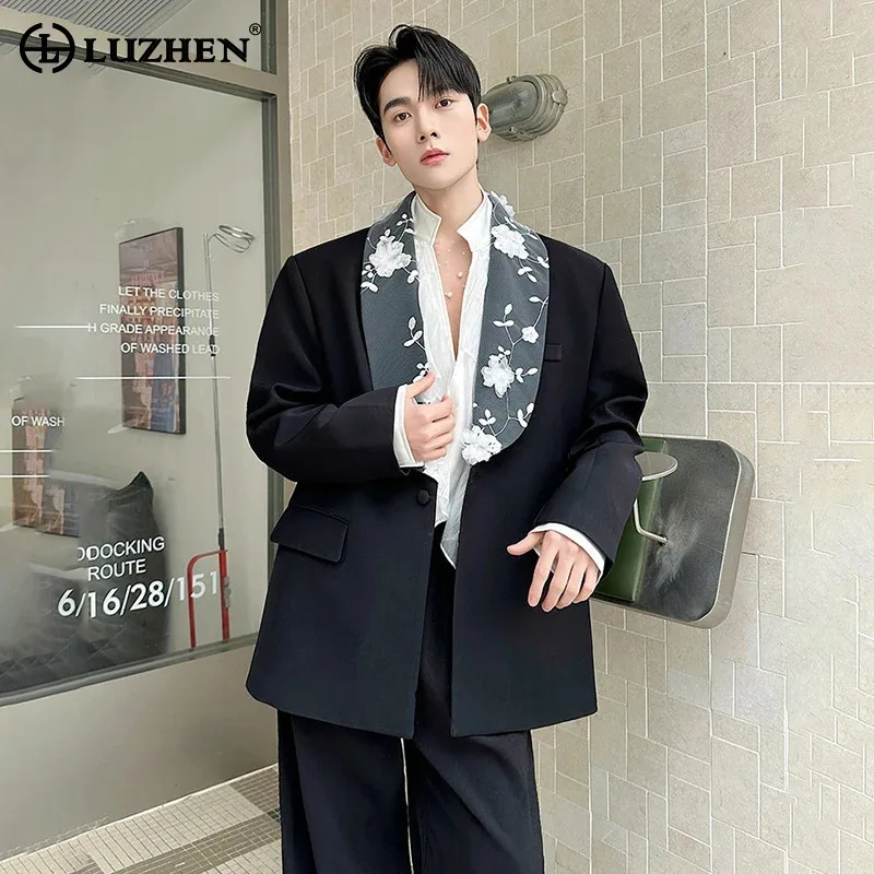 LUZHEN 2026 Spring New Original Lace Gauze Three-dimensional Patchwork Blazer Coat Men's Fashion Handsome Elegant Clothes JY6181