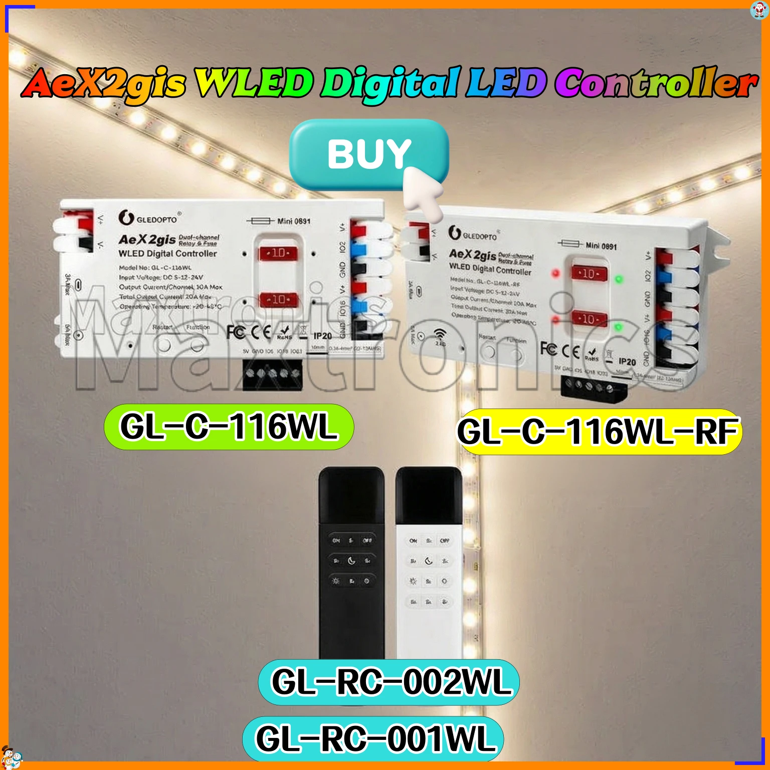 116WL AeX2gis Dual-Channel WLED Digital LED Controller Dual 10AFuse & Relay Protection for LED GL-C-116WL-RF WIFI&2.4G RF Remote