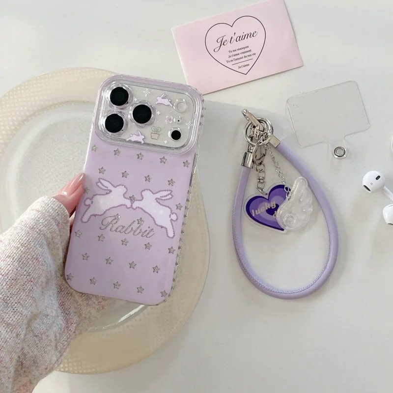 Korean Cute Hollow Little Star Glitter Rabbit Phone Case For iPhone 17 16 Pro Max 15 14 Pro Max Cover with Pendant Hand Rope Cas