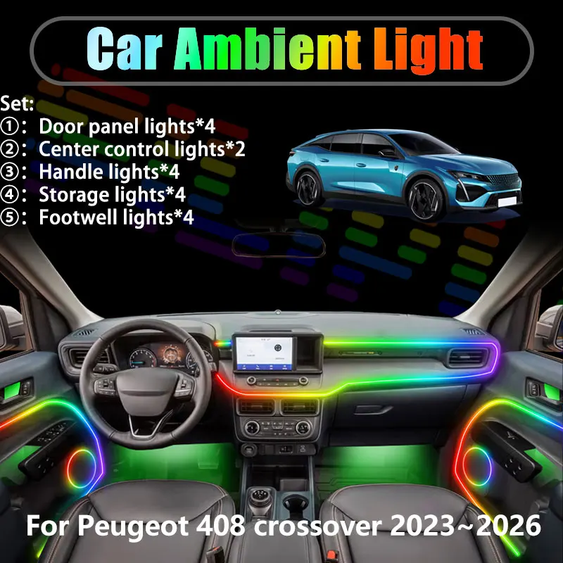 

Для Peugeot 408 кроссовер 2023~2026 P54 2/18 в 1: Комплект светодиодной подсветки салона и багажника USB RGB с эффектом потока
