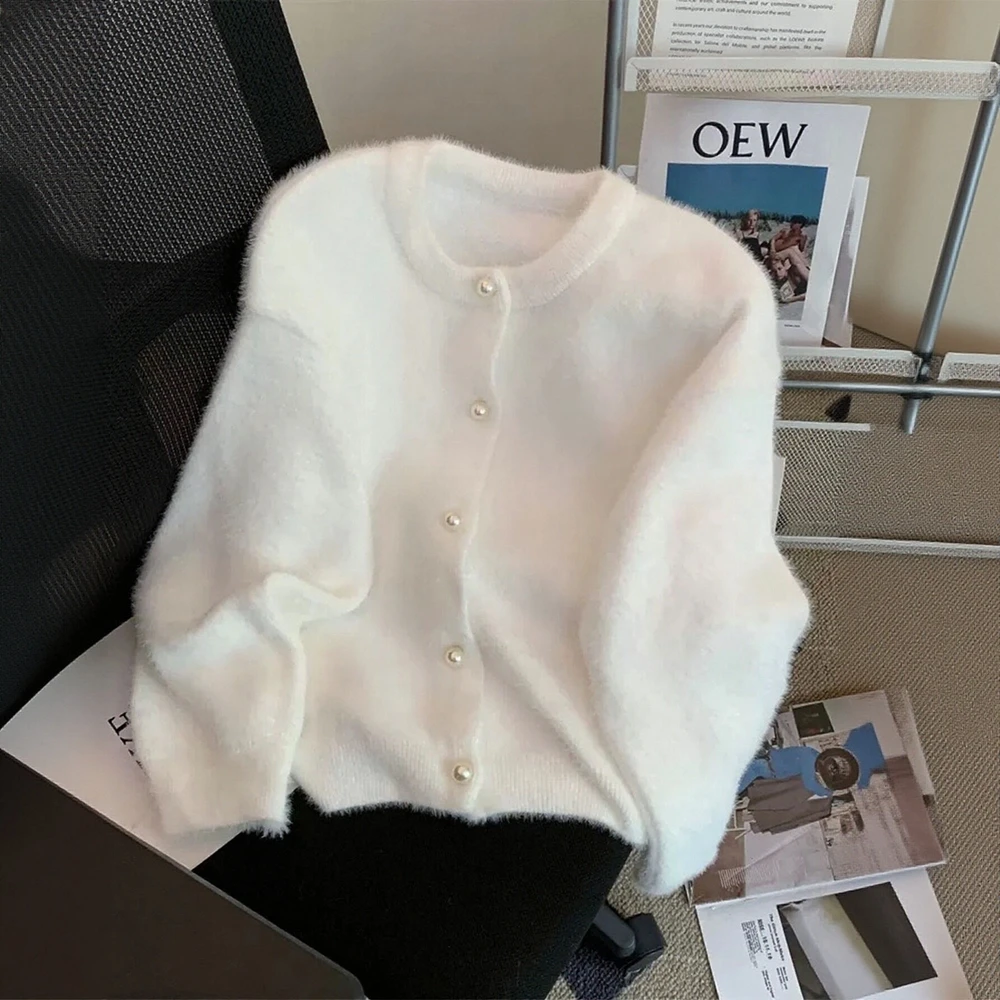 

Повседневный кардиган с круглым вырезом, облегающий длинный рукав, прямой рукав-труба, без украшения, женский трикотаж с открытой передней частью