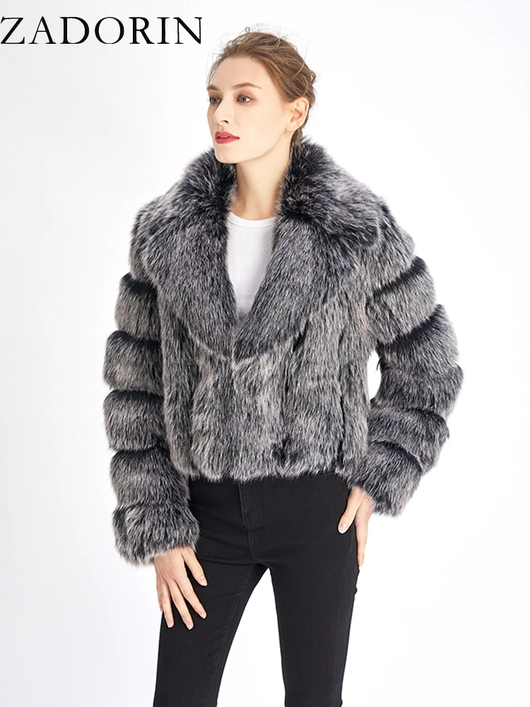 ZADORIN-Veste de Luxe en Fausse Fourrure de Renard pour Femme, Manteau Court à Revers, Manches sulf, Optique, Chaud et Moelleux, Hiver 2024