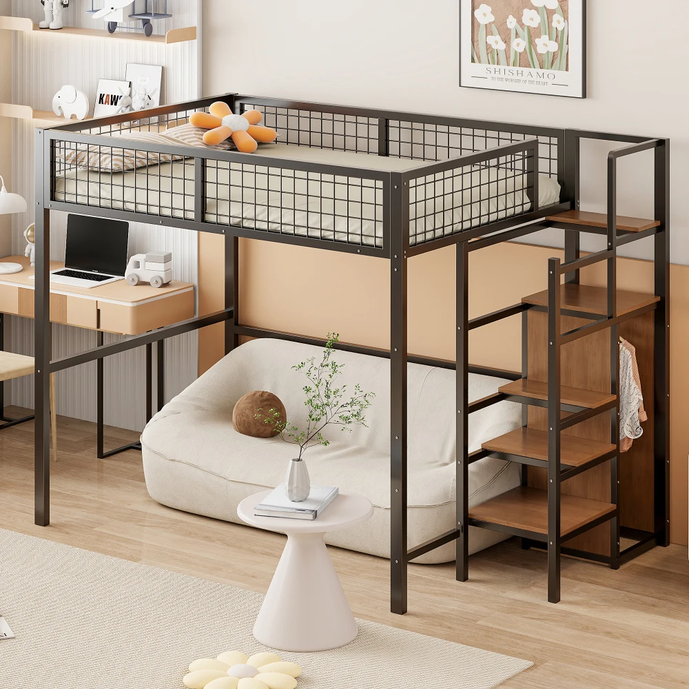 Set di Mobili Multifunzionali per la Casa: Armadio Nero, Lettino con Struttura in Ferro, Letto Alto 140x200 con Scala, Robusto Scaffale Portaoggetti Salvaspazio