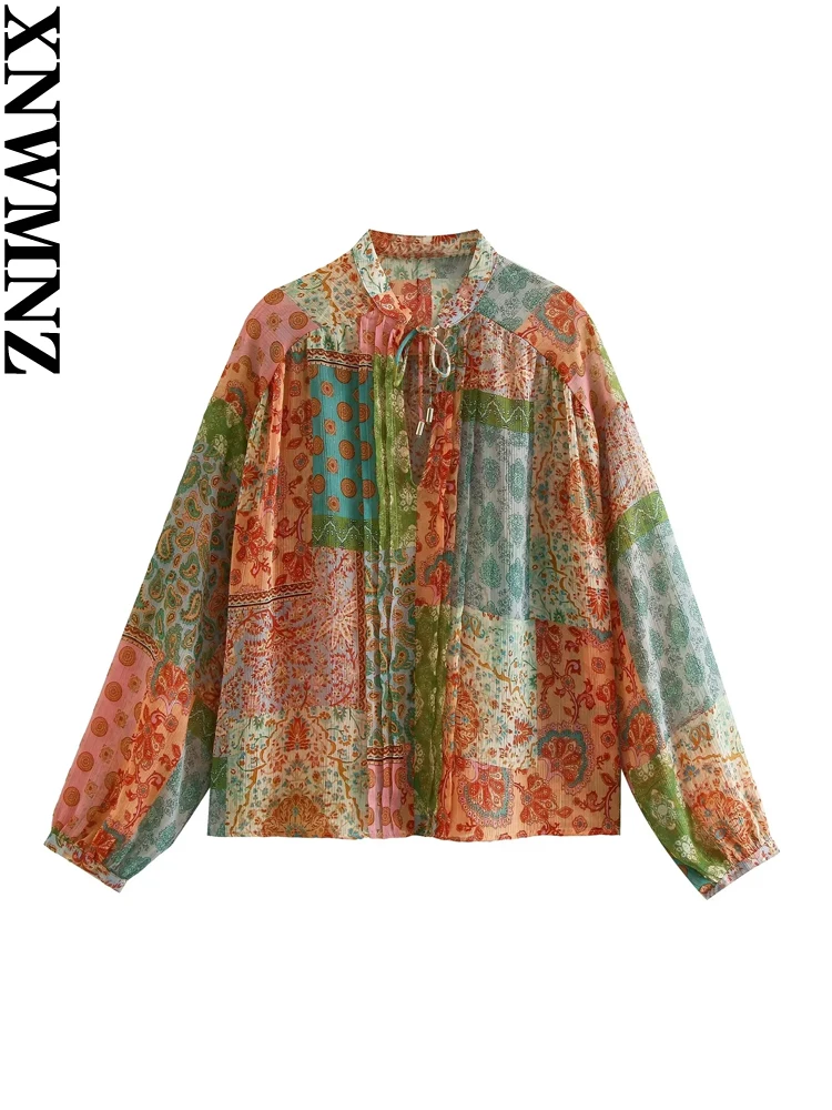 

XNWMNZ 2023 Women's Fashion Patchwork Printed Top Holiday Style O Neck Long Sleeve Lace Up Female Top Female Chic Blouse