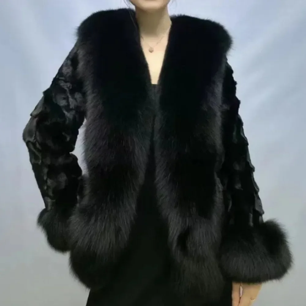 2025 الخريف الشتاء النساء معطف بياقة كبيرة الثعلب الفراء سترة ريال فرو منك ملابس خارجية عالية الجودة الفاخرة الدافئة منتصف طول سترة