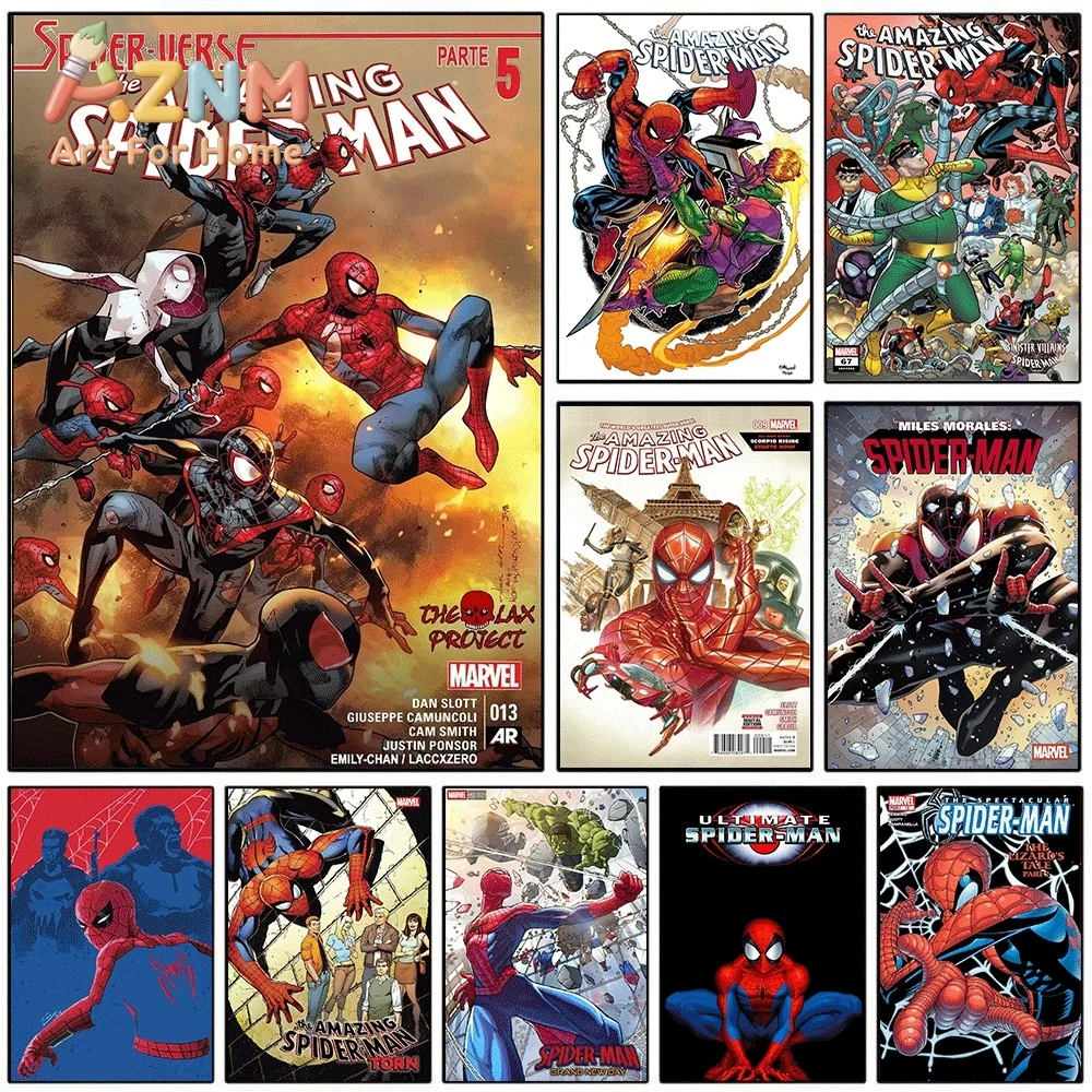 Marvel Spider Verse Multi Spider Heroes Group Fire Background Comic Canvas Wall Art Unframed Canvas Poster Print for Boys Bedr