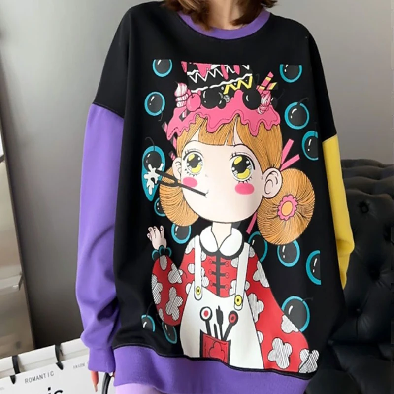 Plus size casual loose graffiti cartoon printed sweater women's autumn and winter new long loose round neck high-grade top