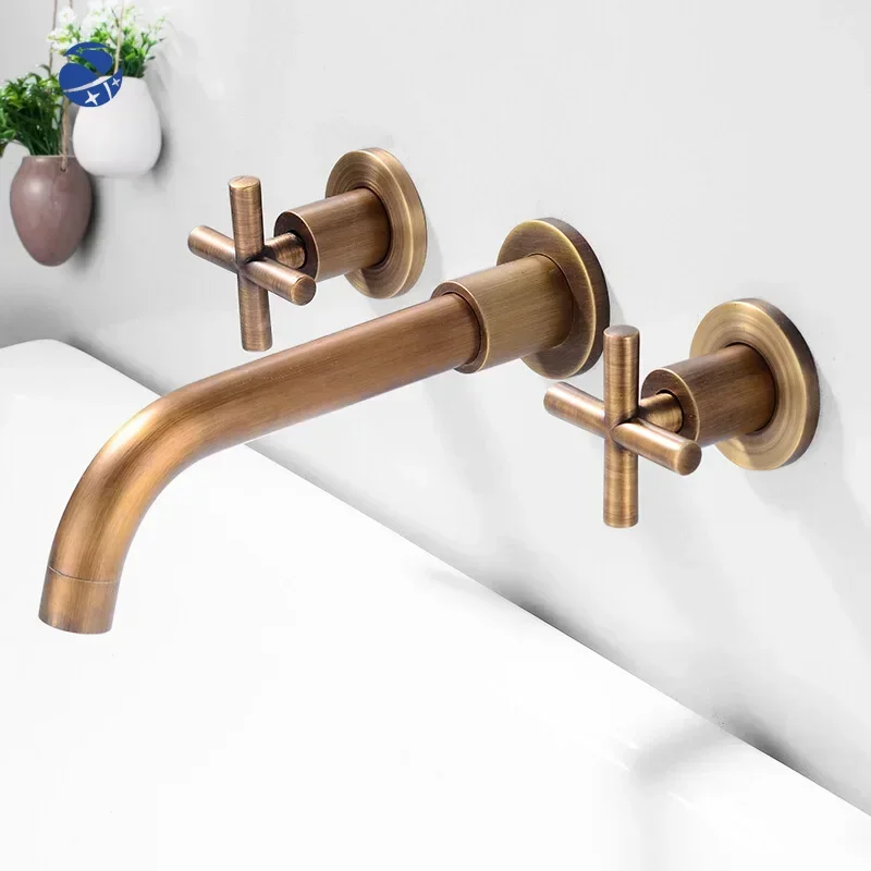 Bronze brass material double cross handle three hole wall mounted bathroom sink basin faucets