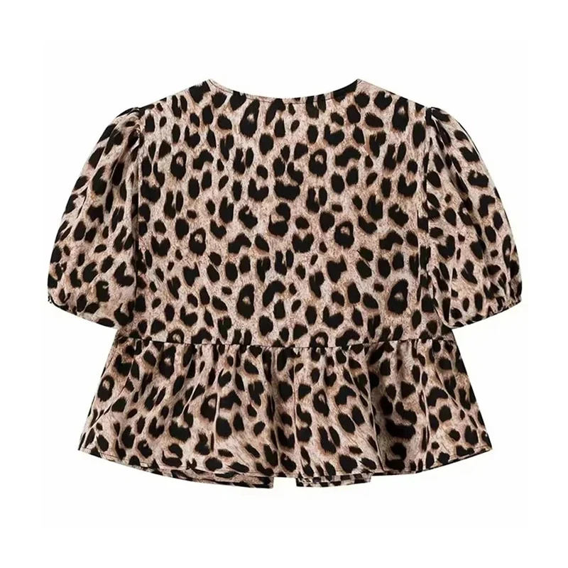 TRAF Leopard Print Crop Top Women Puff Sleeve Ruffle Blouses Woman 2024 Summer Shirts and Blouses for Women Ruched Ladies Tops