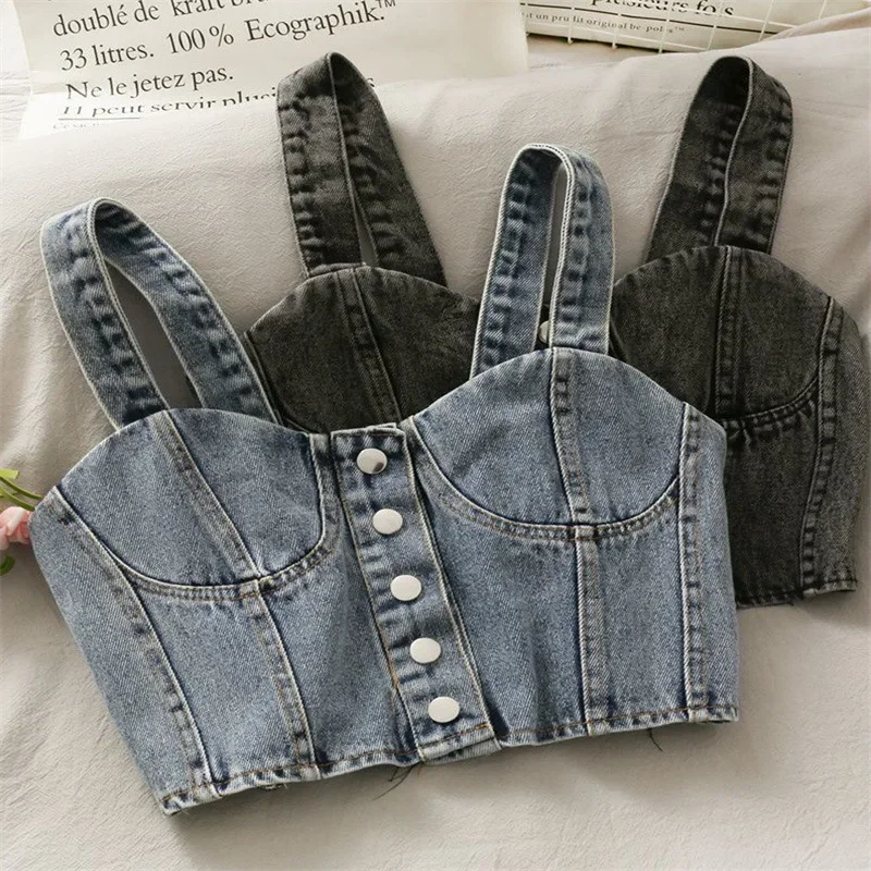 

baby girls summer denim tank top single breasted kids crop top suspender Korean open back pleated camisole jeans 3 to 16 yrs