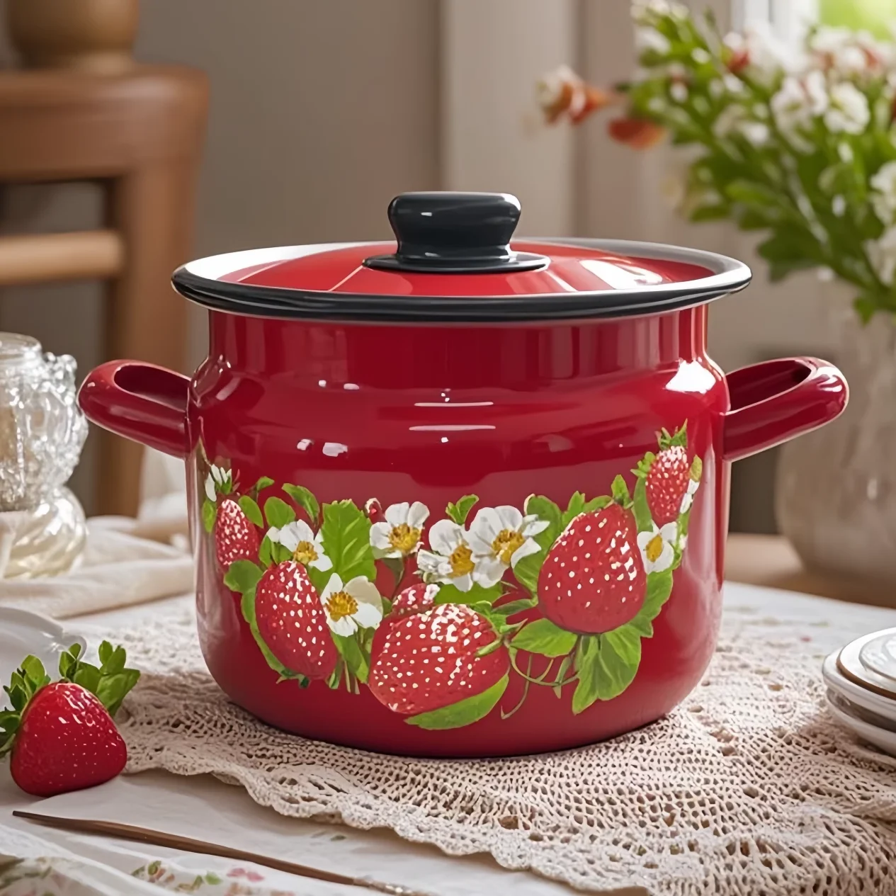 

Enameled Iron Pork Fat Storage Jar with Lid And Handles Old Style Kitchen Storage Bottle for Fridge Oil Soup Pot Household Use