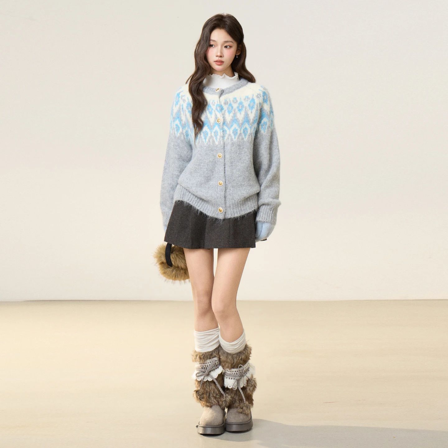 Lazy Wind Fel Island-suéter de cuello redondo con contraste de Jacquard para mujer, cárdigan de punto suelto para otoño e invierno