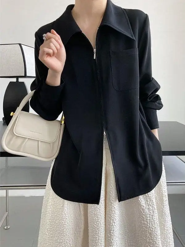 

plus Size 300 Pounds Fat Sister Double Zipper Shoulder Shirt Women Spring Autumn High Sense Match Upper Clothes Casual Style ...