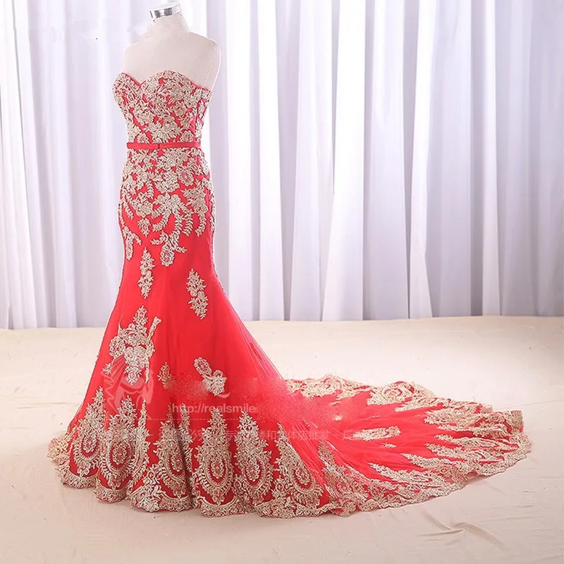 drop shipping mermaid cheap discount in stock golden lace appliques new Elegant Prom Dresses red Long bridesmaid Evening Dress