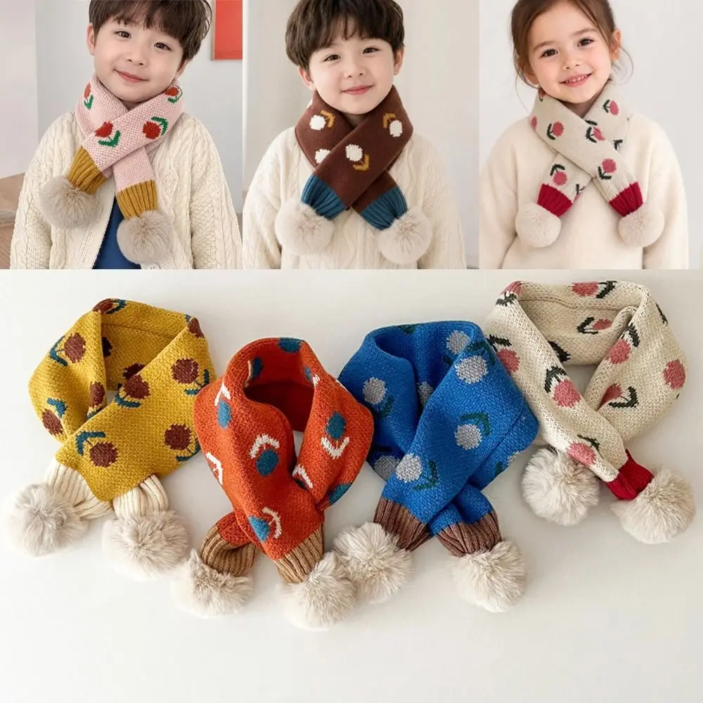 Jacquard Pattern Children Knitted Scarf Flower Print Pompon Kids Winter Neckerchief Warm Neck Cover Windproof Baby Girls Scarf
