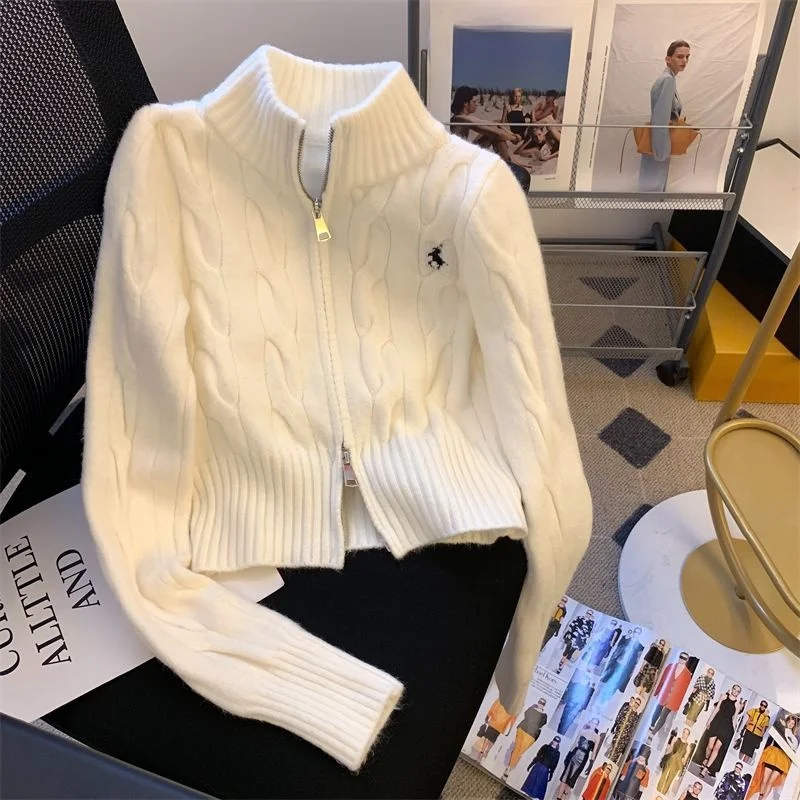 

Retro Korean Style Women's Knitted Sweater Jacket with Stand Collar Twist Flower Embroidery Autumn Winter Fashionable College...