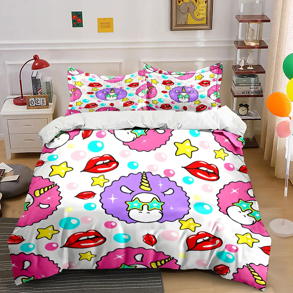 Colorful cartoon unicorns with stars and lips Print Bedding set 3PC 1duvet cover 2pillowcases adult and children bedding set