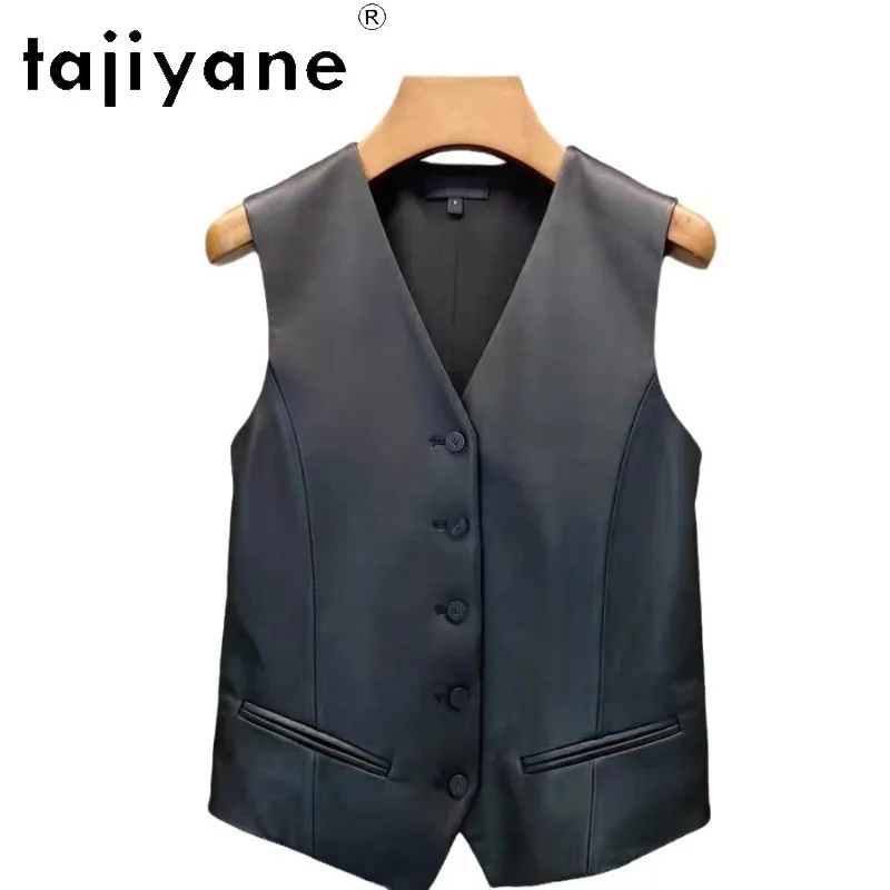 TAJIYANE Genuine Leather Jacket Women Black Sheepskin Waistcoat Sleeveless Suit Vest Jackets V-neck Veste Femme Adjustable Waist