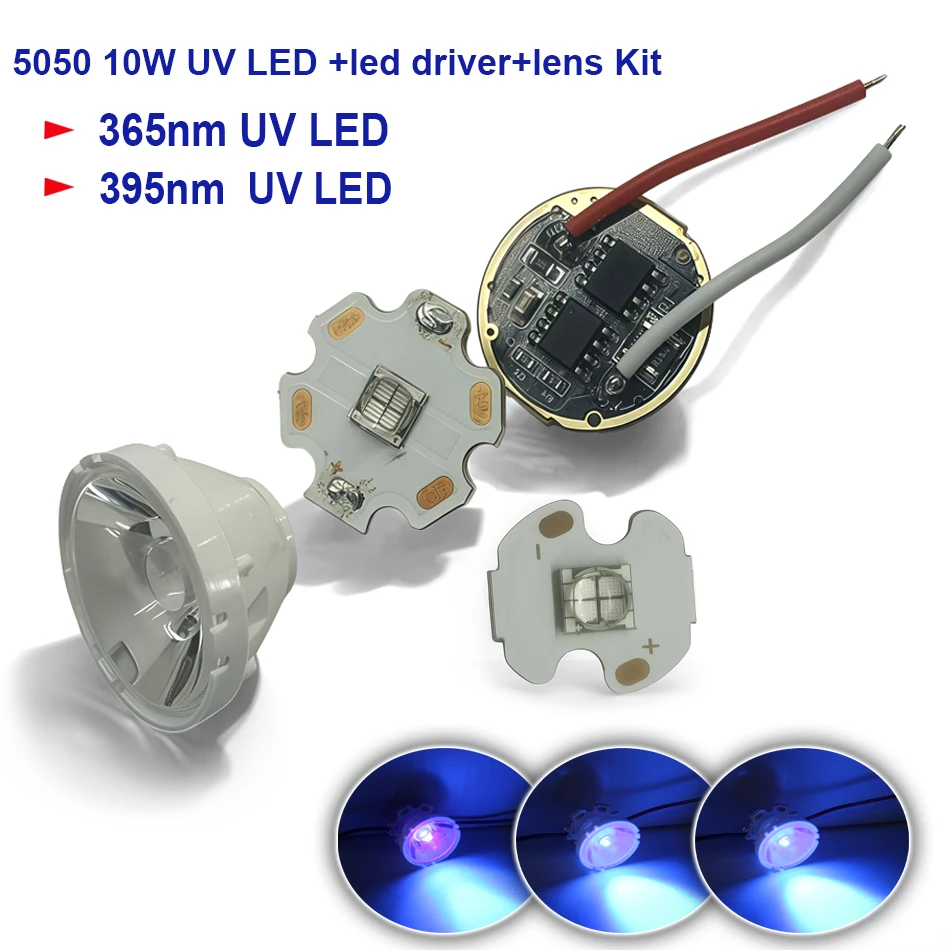 10W High-power LED Bead 5050 UV Purple 395nm Ultraviolet Light 365nm+5 Modes 17mm LED Driver with LED Lens DIY Part
