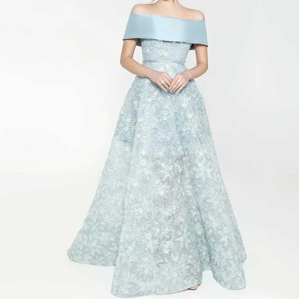 

Customized Fashion Sequined A-Line Off the Shoulder Evening Dress High Quality Floor Length Boat Neck vestidos de fiesta