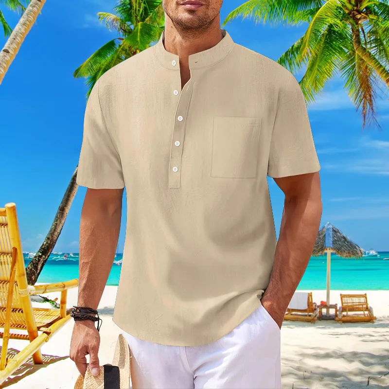 

Men's summer fashion short sleeved polo shirt men's casual standing collar pocket cotton linen short sleeved solid color T-shirt