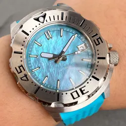 Tandorio Blue MOP Shell Dial Luminous 42mm Monster Watch 20ATM Diver NH35 Automatic Wristwatch for Men 120 Click Bezel Sapphire