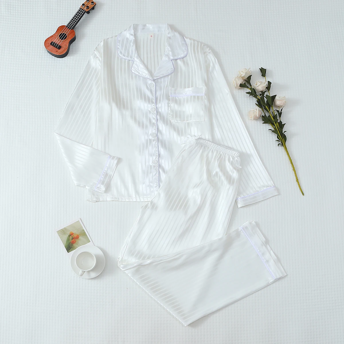 Two-Piece Comfortable Satin Pajama Set with Fine Striped Print, Button-Down Top with Lapel and Bow-Tie Long Pants, Suitable for Home Use