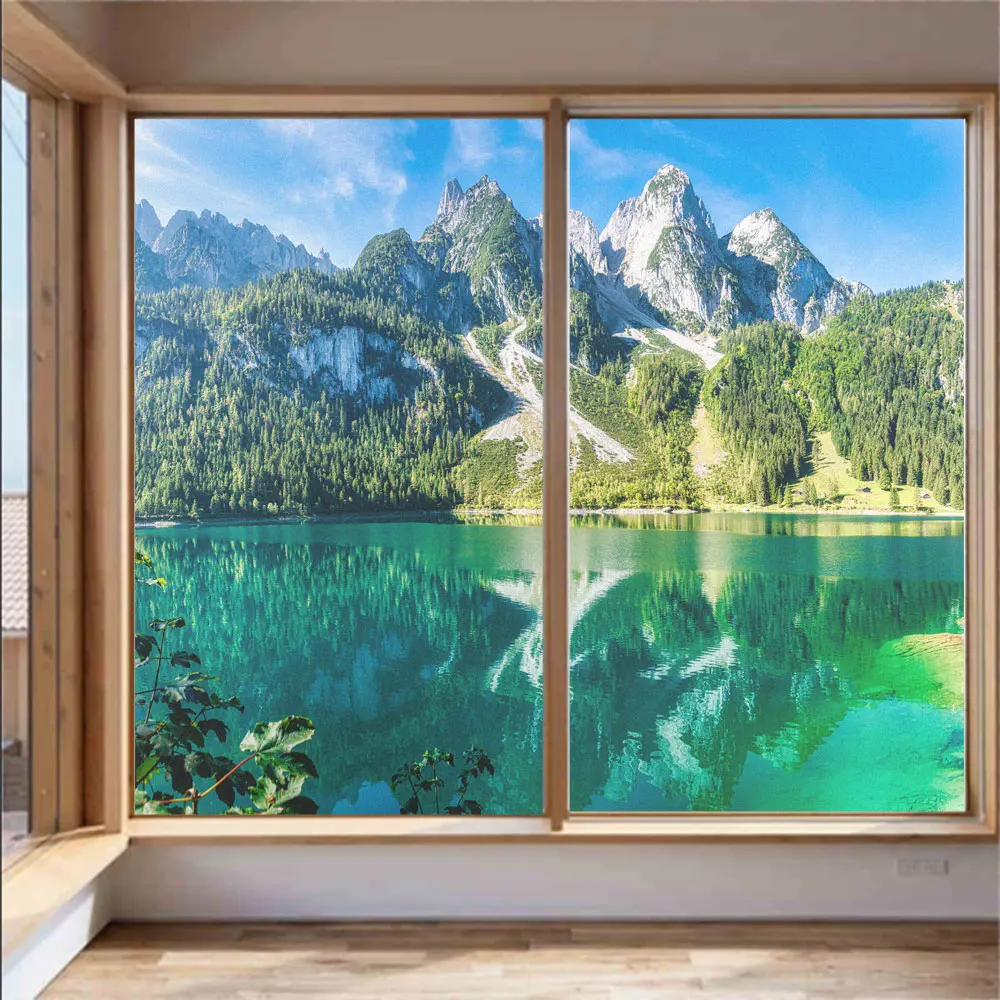 View of Green Lake Pattern Privacy Window Film Anti UV Frosted Glass Window Sticker Non-Glue Static Cling Glass Door Film