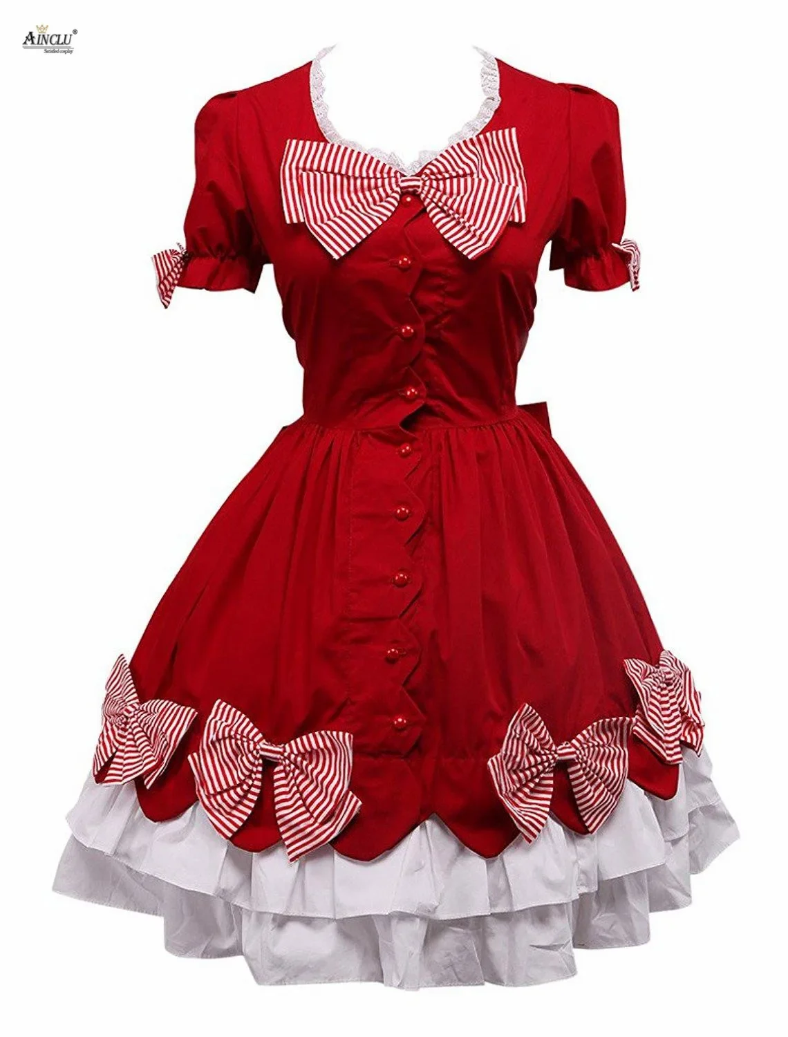 Hot Selling Spring/Summer/Autumn/Winter Ainclu XS-XXL Womens Cotton Red Bow Sweet Classic A-line Lolita Dress With White lacy