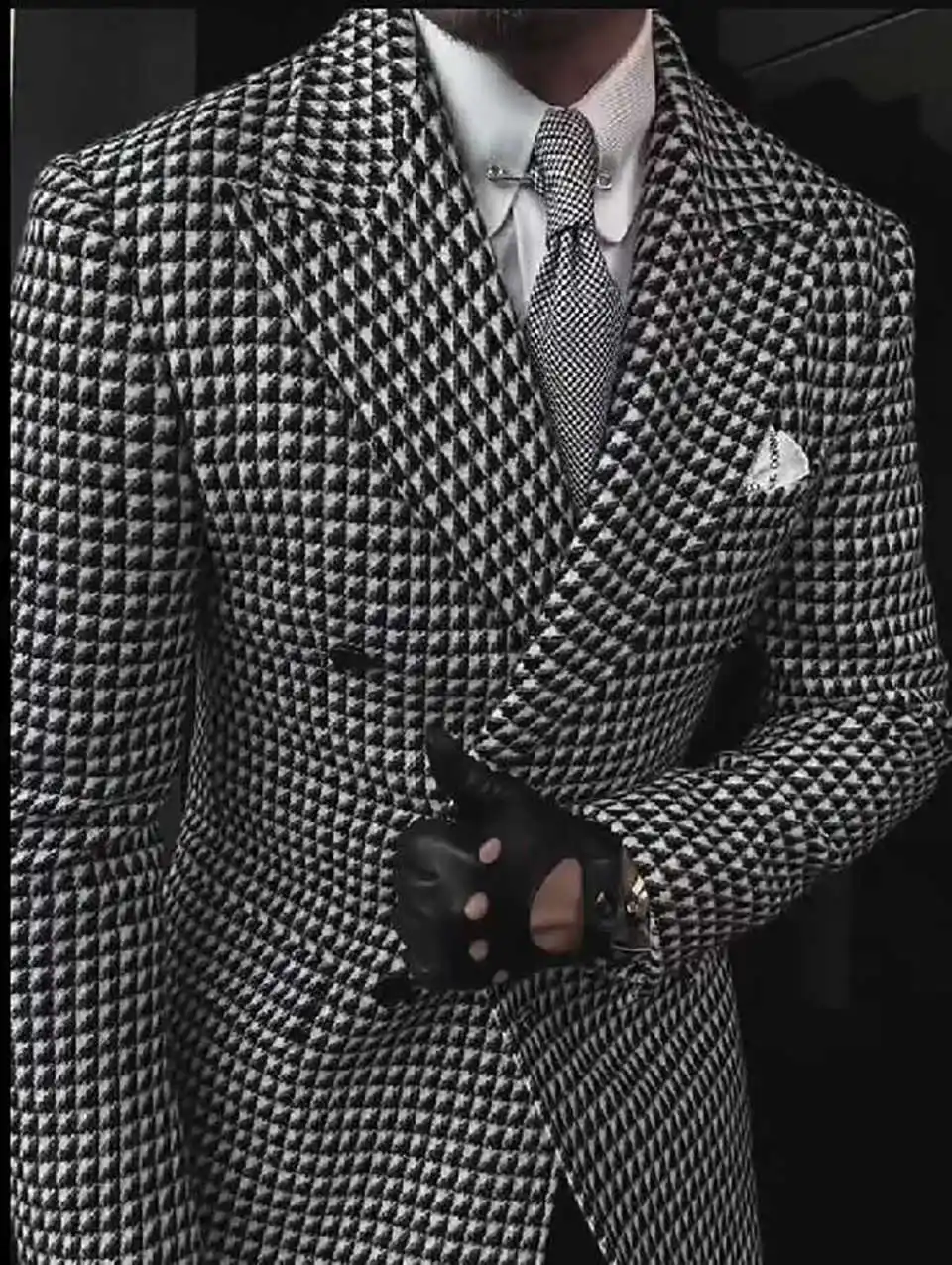 คลาสสิก Houndstooth Double Breasted Overcoat Casual เสื้อขนสัตว์แฟชั่นเสื้อแจ็คเก็ตผู้ชายธุรกิจ Lapel Blazer ที่กําหนดเอง