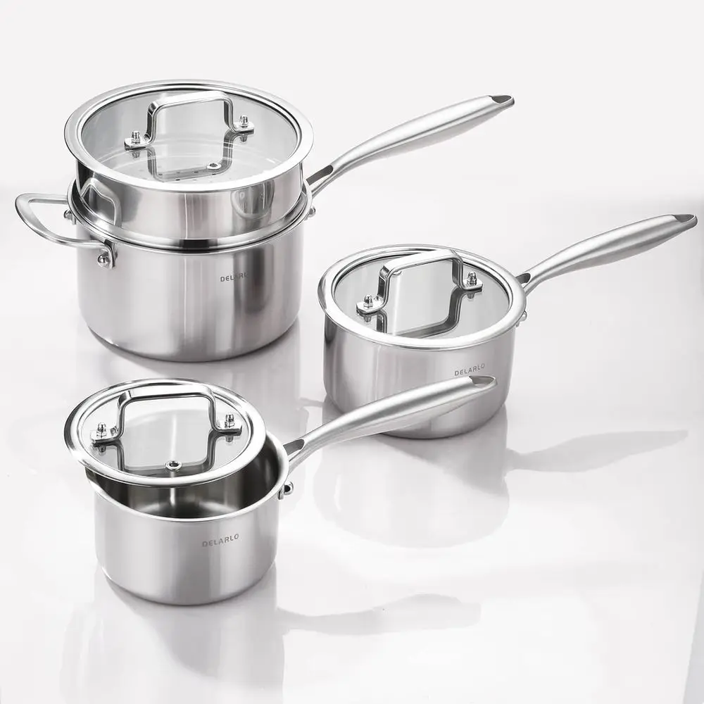 

Tri-Ply Stainless Steel Cookware Set, 1-3.5 Quarts, Even Heat Distribution, Compatible with All Stoves, Includes Steamer for 3.5